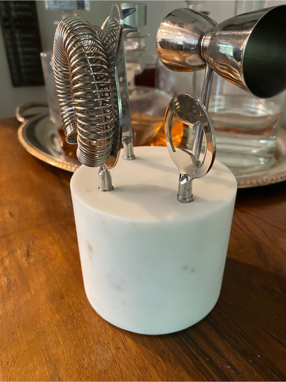 CB2 Marble Bar Tool Holder with Stainless Steel Cocktail Tools - White